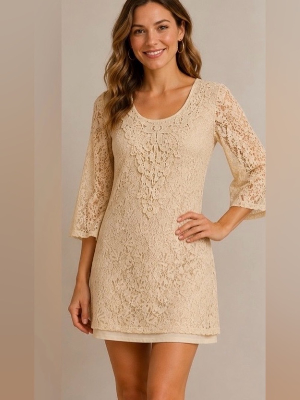 Flying Tomato Cream Lace Bell Sleeve Mini Dress Tunic Boho Cottagecore Size M